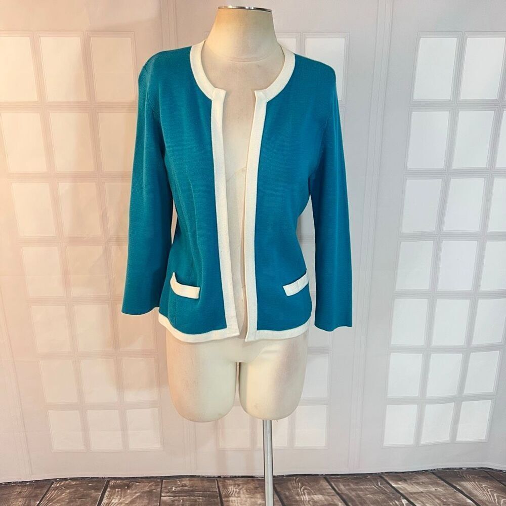 Talbots Caribbean Blue White Knit Pima Cotton Open Front Cardigan Sweater Medium